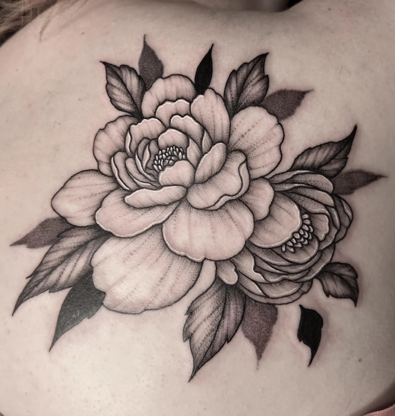 Detailed black and grey peony tattoo by Eleanor Onyx