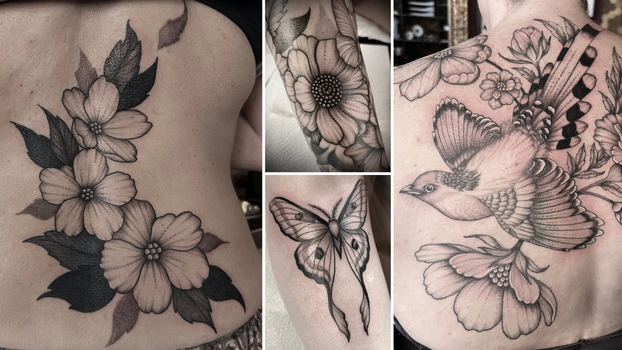 Collage of Eleanor’s floral, butterfly and bird tattoos