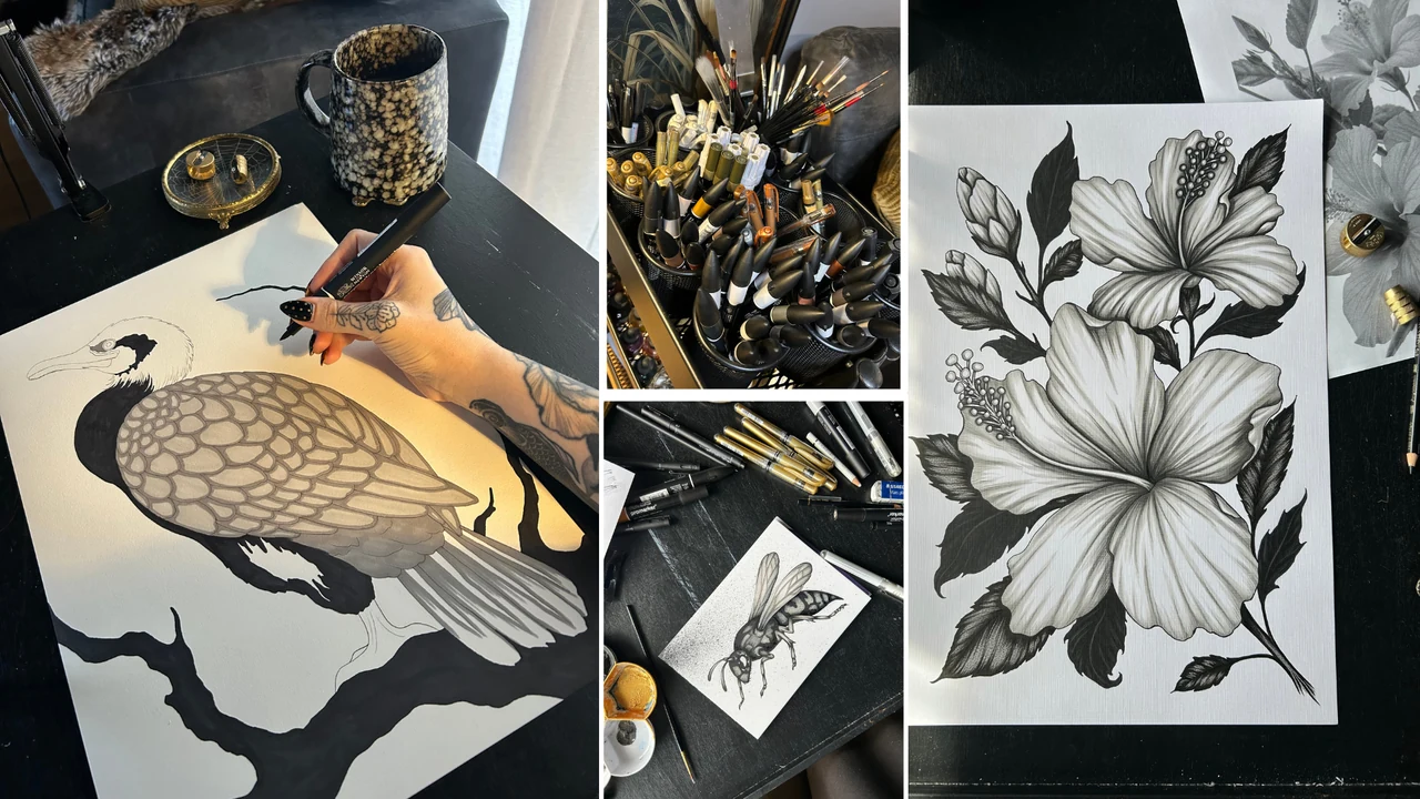 Collage of Eleanor drawing a crane, artist materials and botanical illustrations