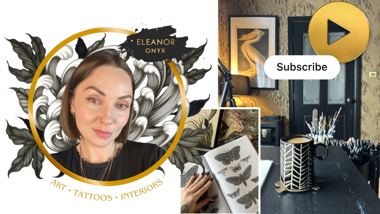 Eleanor Onyx with artwork and scenes from her creative studio